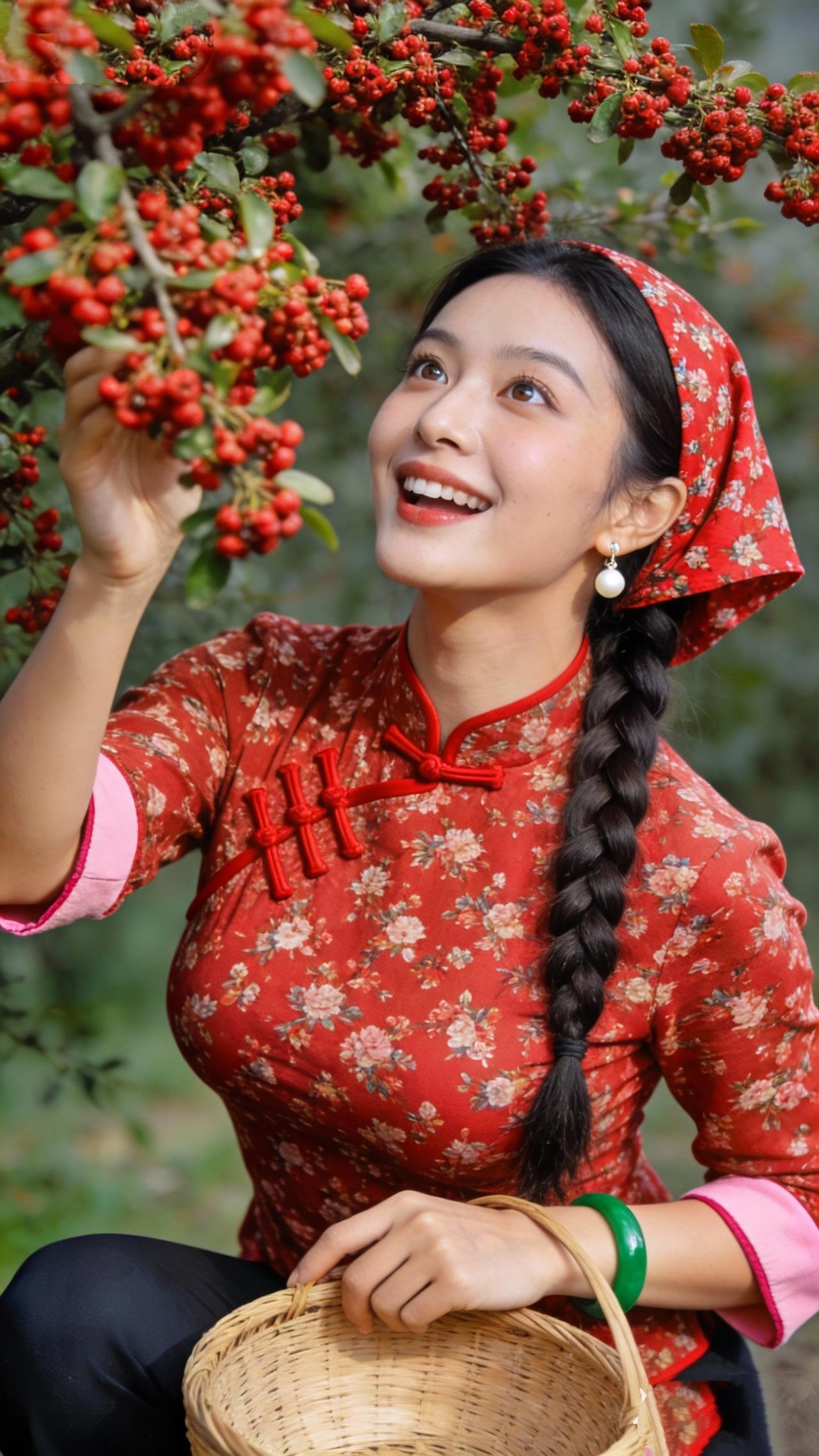 《花椒树下的美少女》丹榴簇树惹霞飞，红袂拈枝笑靥微。辫绾青丝垂玉缕，巾裁