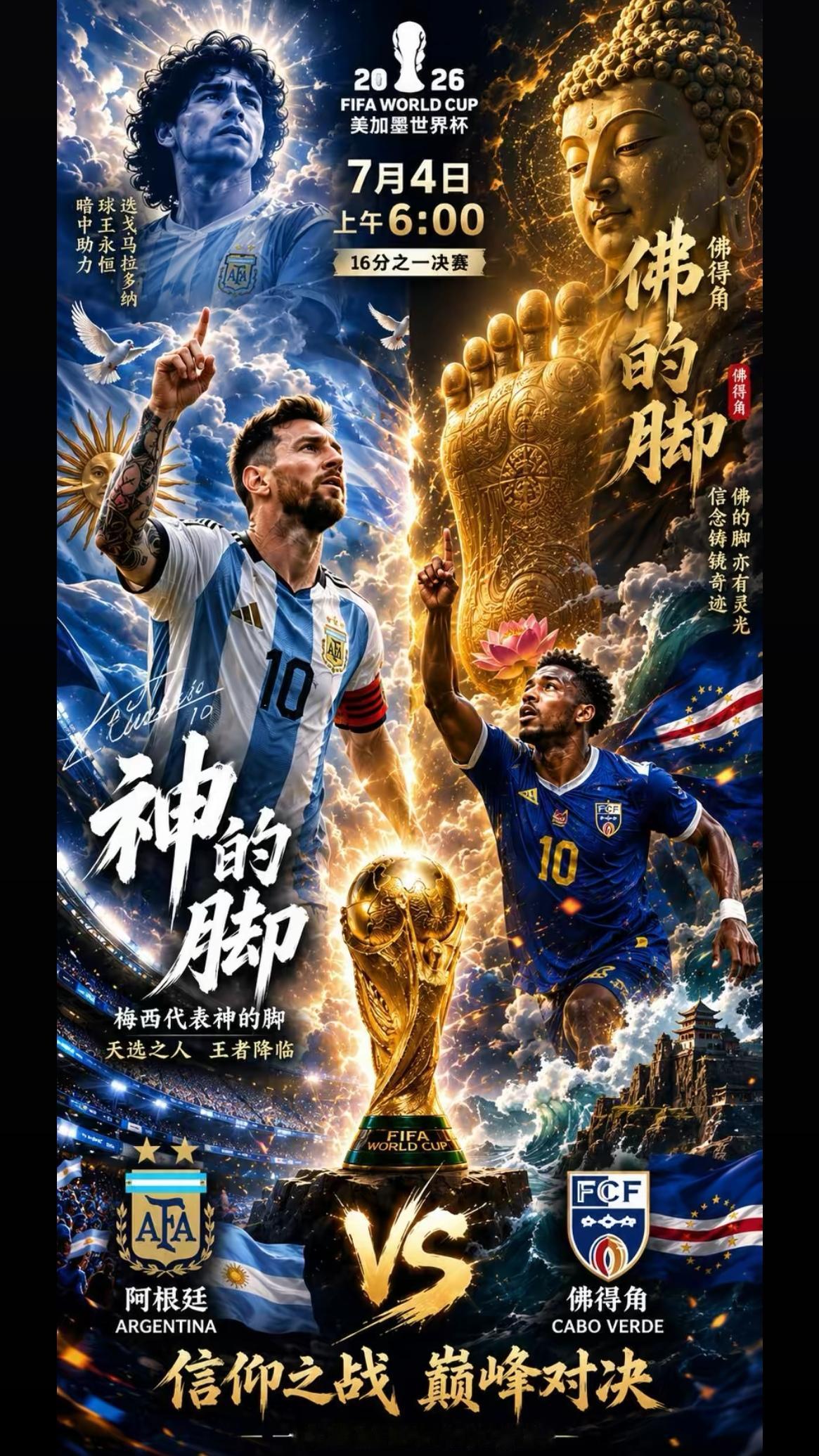 今晚“神”（美斯）的脚会踢得过佛的脚（佛得角）吗？大伙来评论下谁会赢？