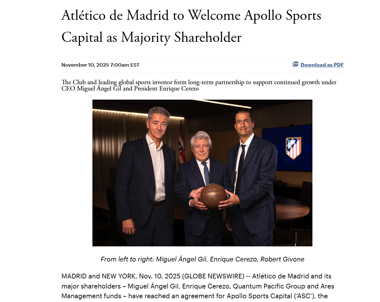 华尔街顶流私募砍下体育圈首个“大单”: 收购西甲豪门马德里竞技