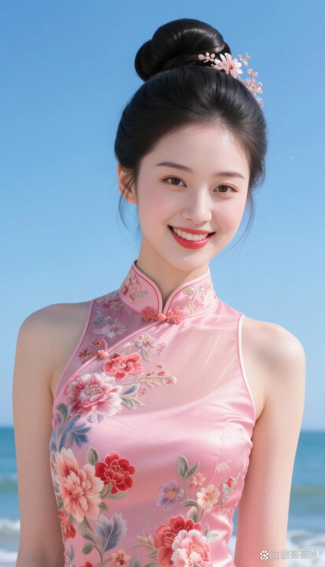 夏日海边少女，粉色旗袍花仙子