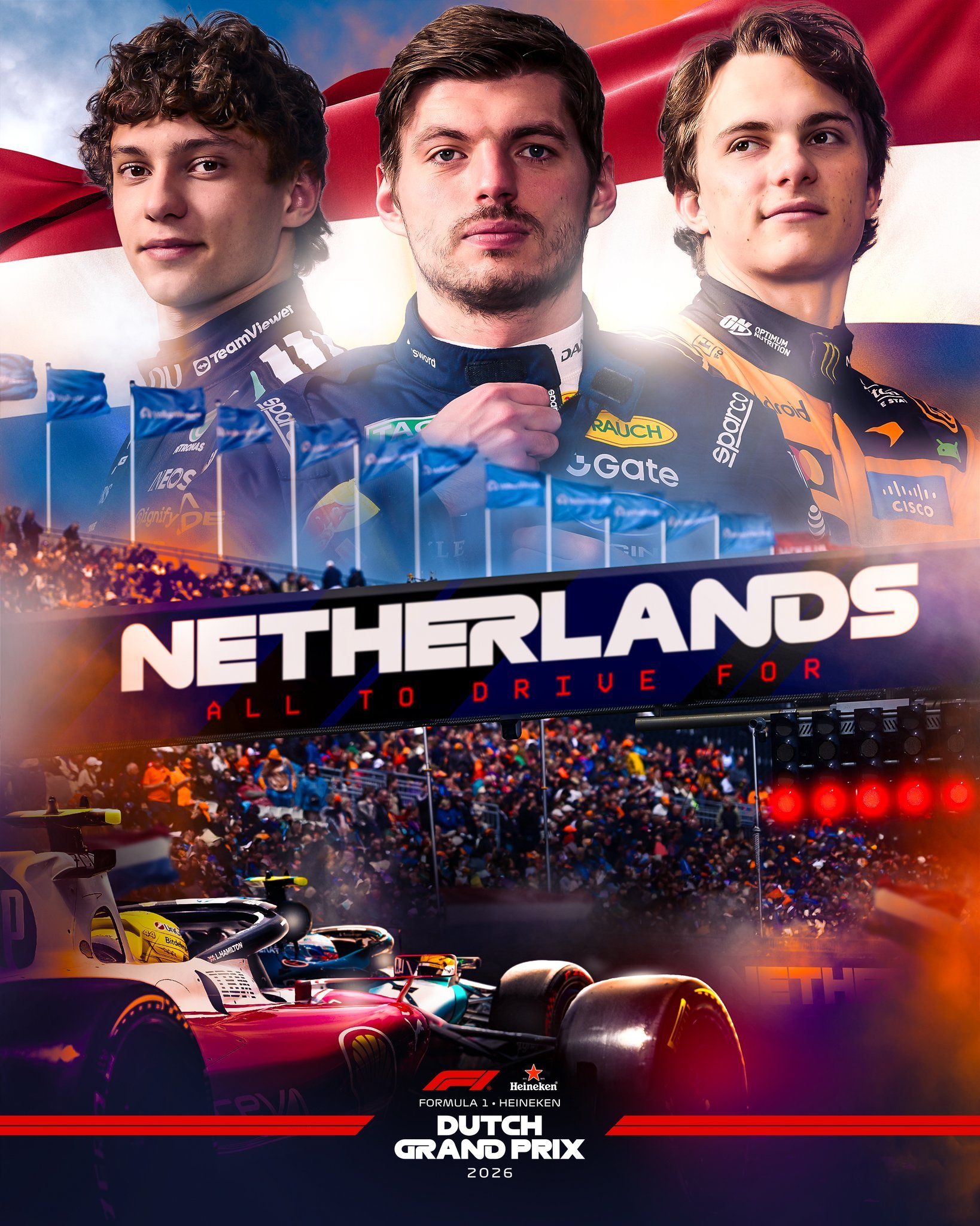 本周2026赛季F1荷兰🇳🇱大奖赛官方海报👀海报上：安东内利➕维斯塔潘➕皮