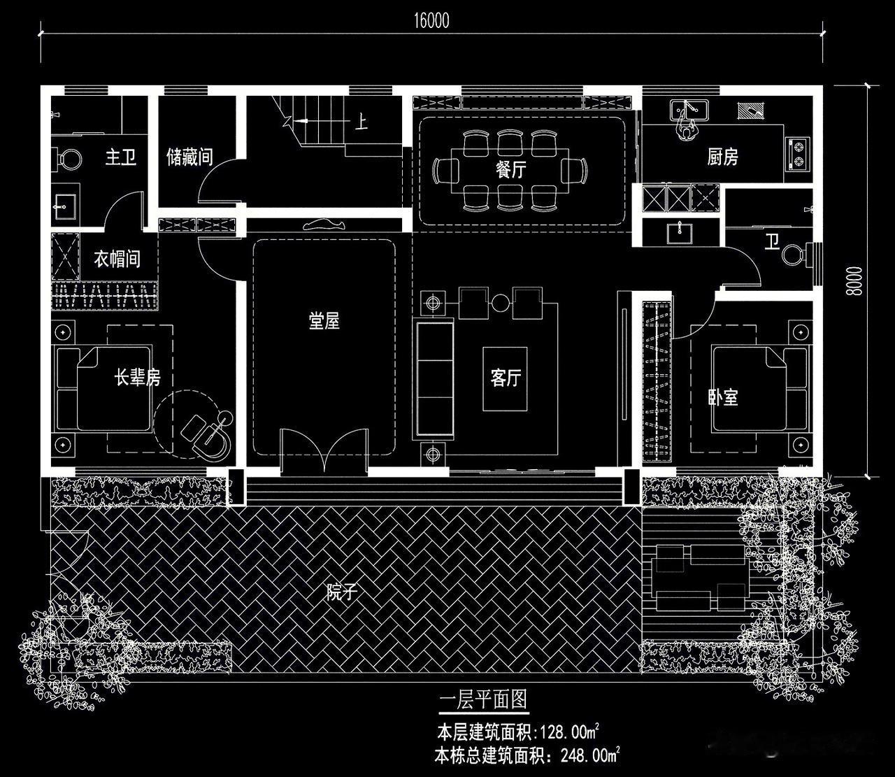16米X8米，乡村自建房可以设计布局！大面宽，小进深。5房4厅4卫1堂屋。