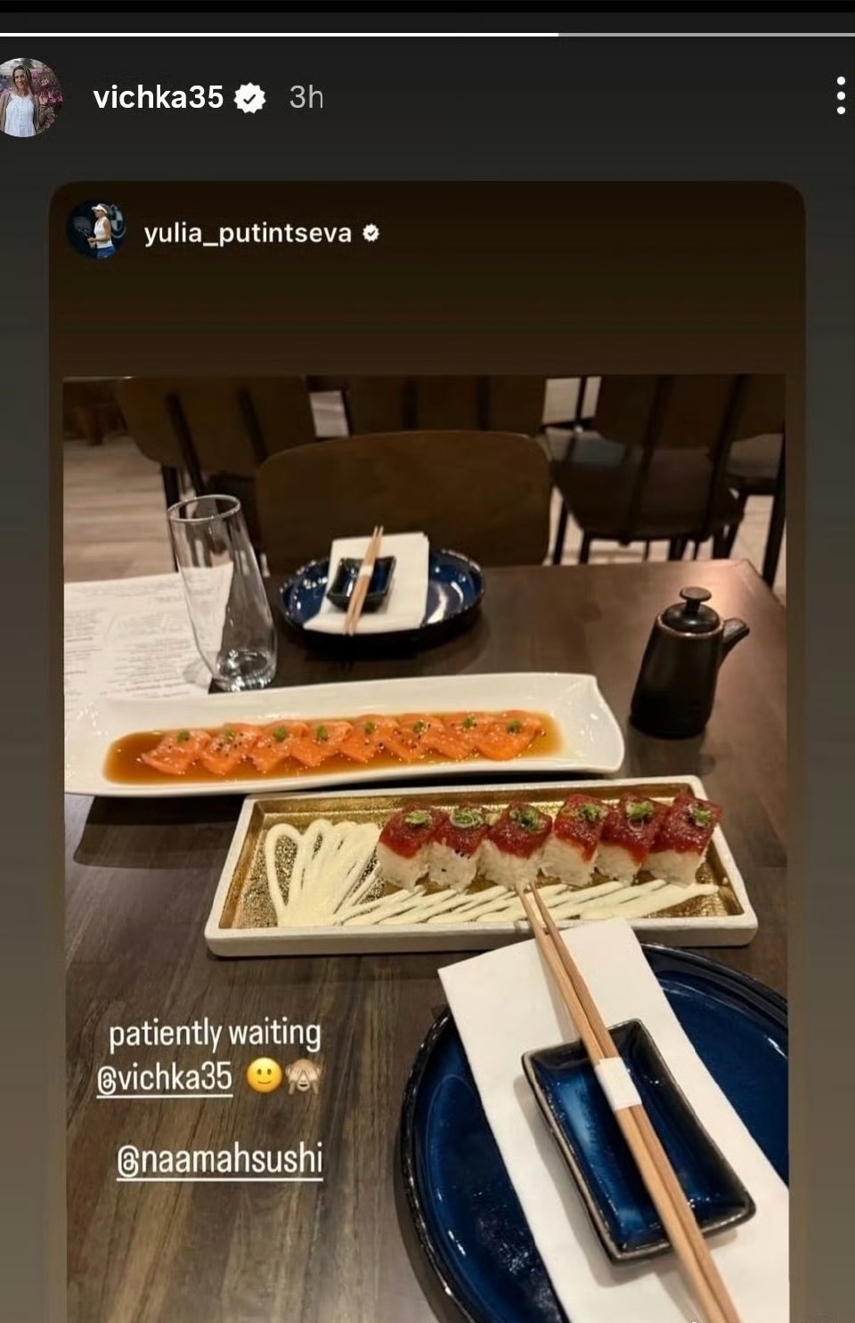 普汀塞娃小姐和阿扎伦卡女士一起吃日料她们可以用俄语聊得很嗨🤣wta追求