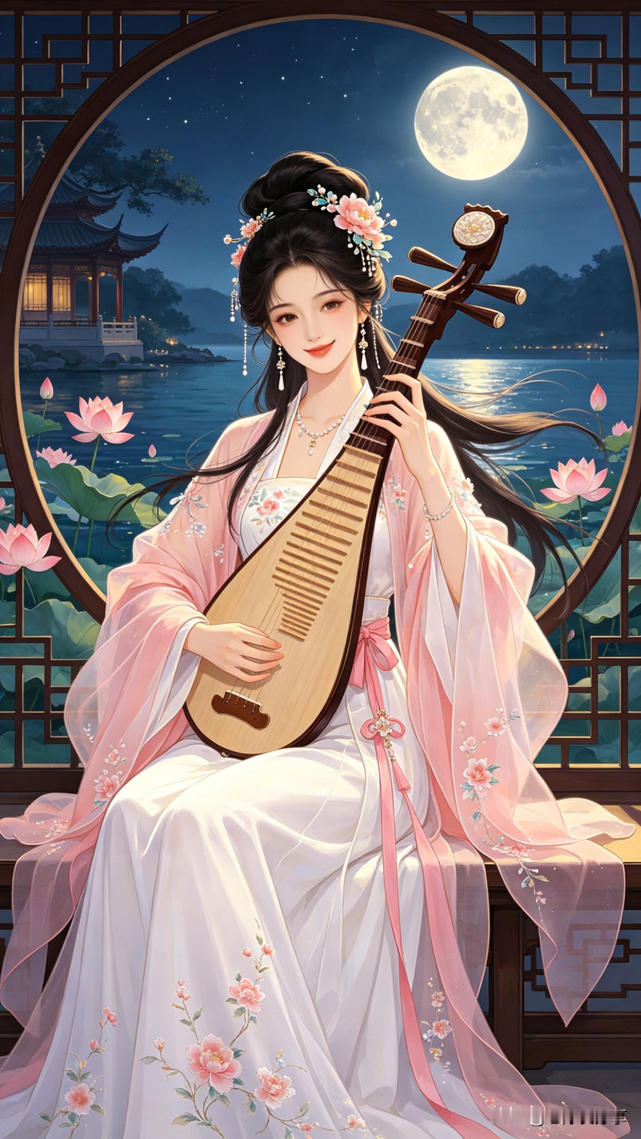月下弦音月光淌过琴弦，把心事轻轻弹散。荷香漫过指尖，将疲惫悄悄吹远。