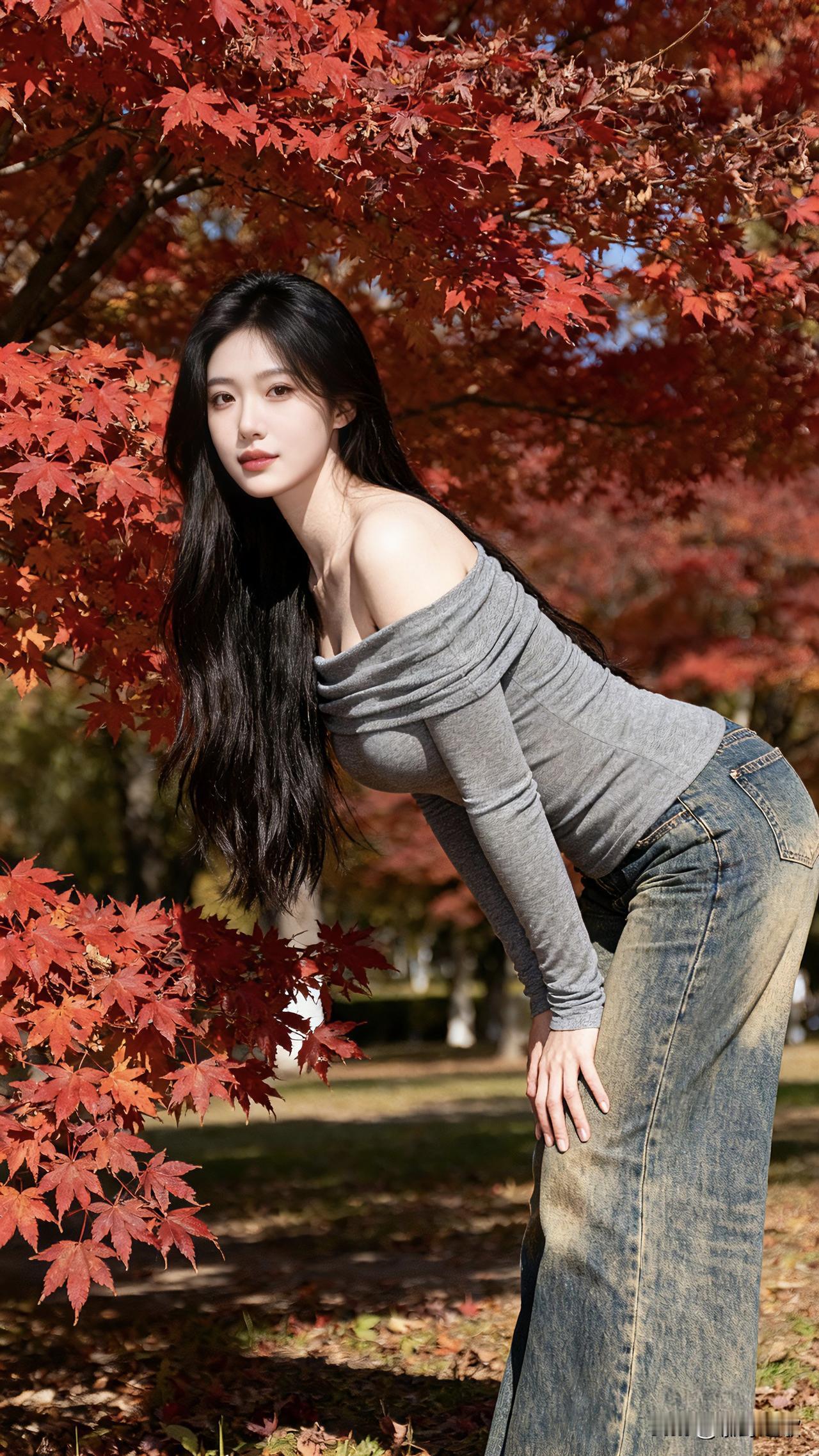 《枫叶林下穿“露肩衫”，秋天的松弛感穿搭原来这么拍》多数人觉得秋天拍照要裹