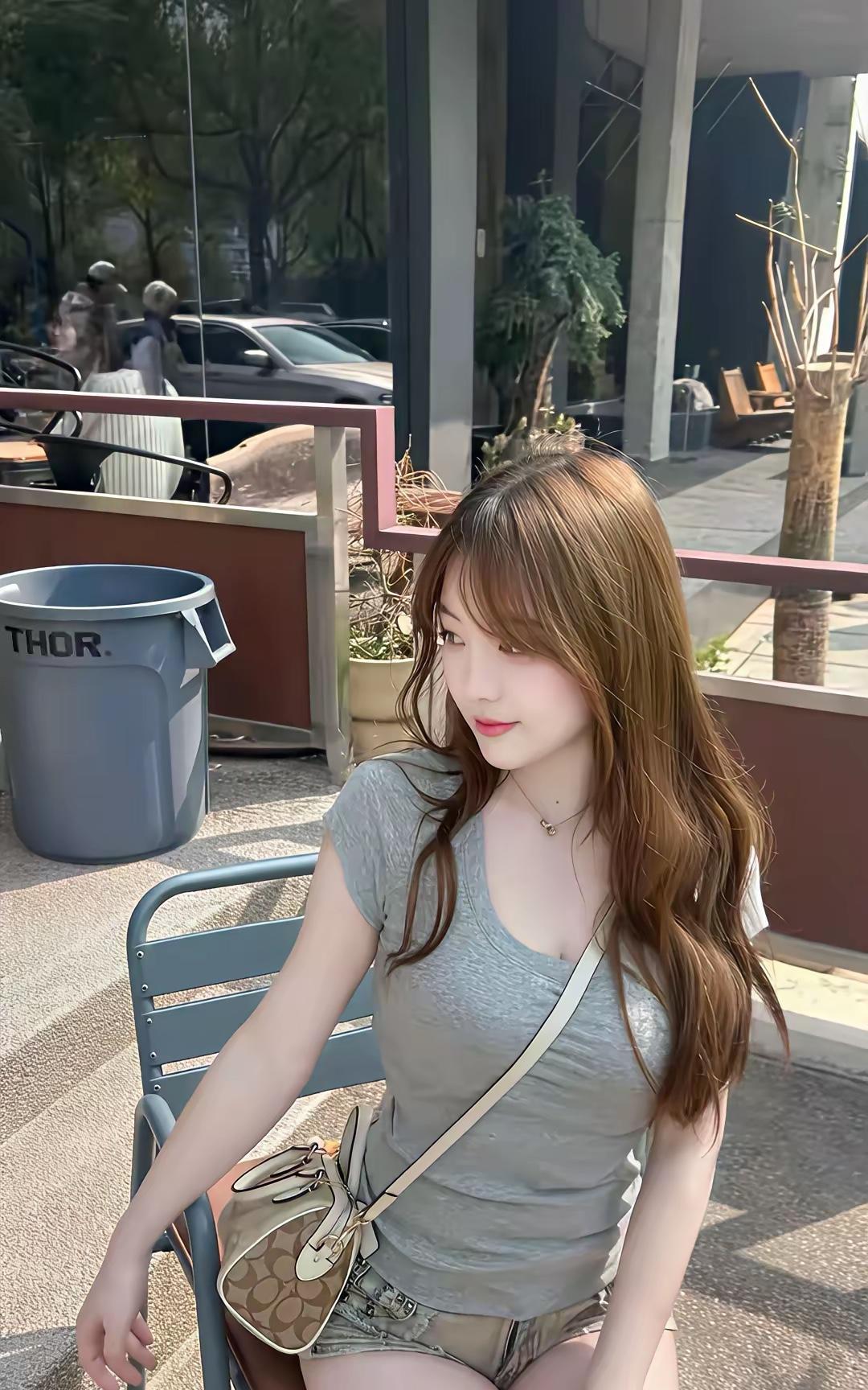 阳光明媚的午后，少女坐在户外咖啡馆，享受悠闲时光。