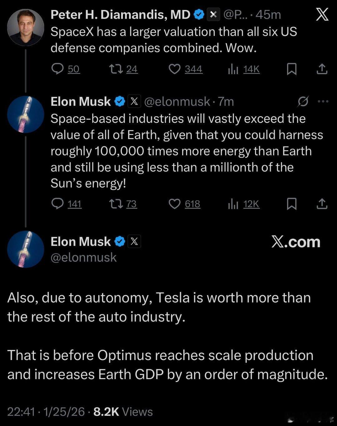 最新消息：埃隆·马斯克表示，太空产业最终将超越地球的价值，因为它们可以利用比地球