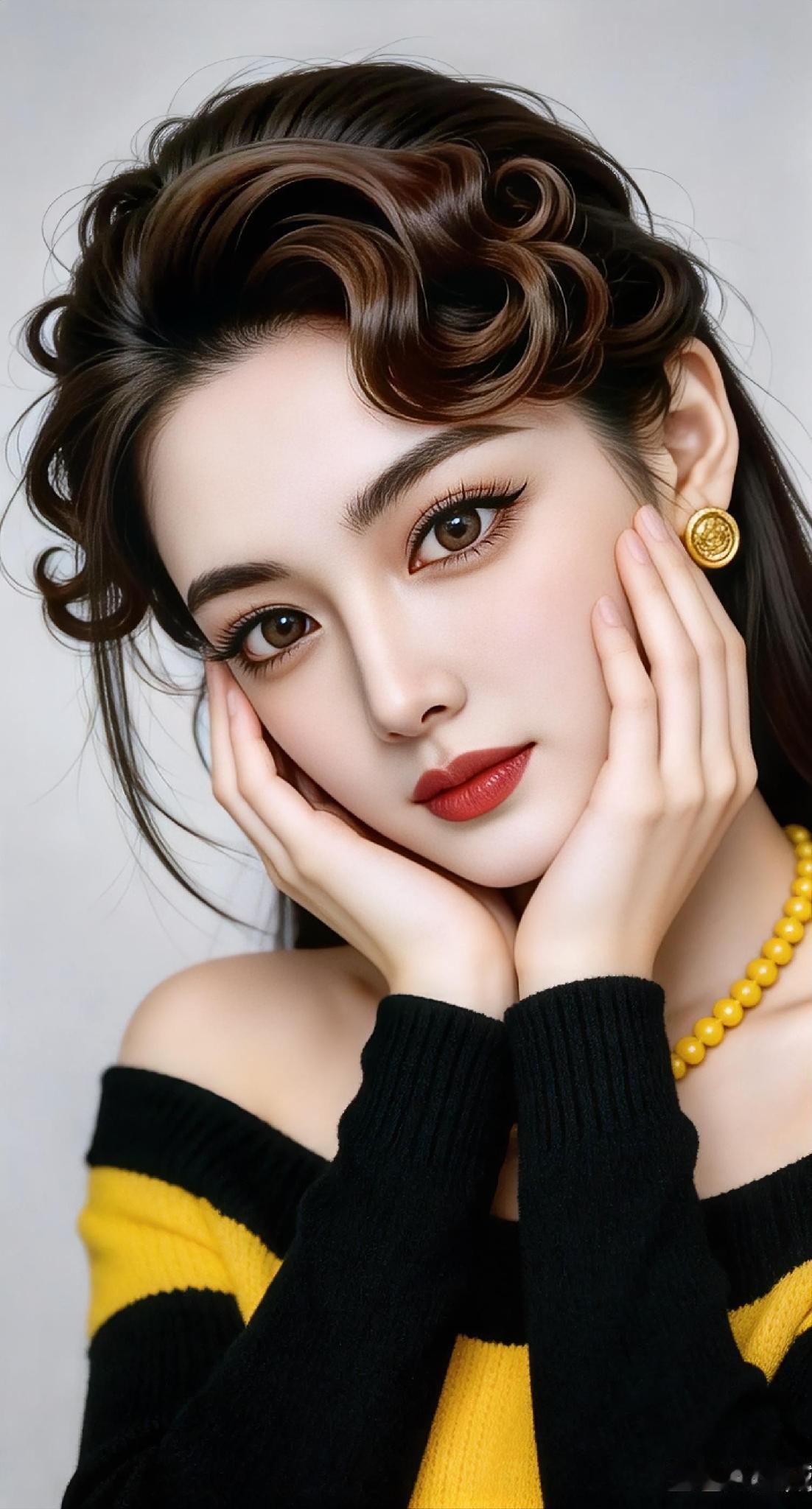 她的面庞如同画卷中的风景，五官精致且协调，让人留连忘返。她的五官如同天地间的