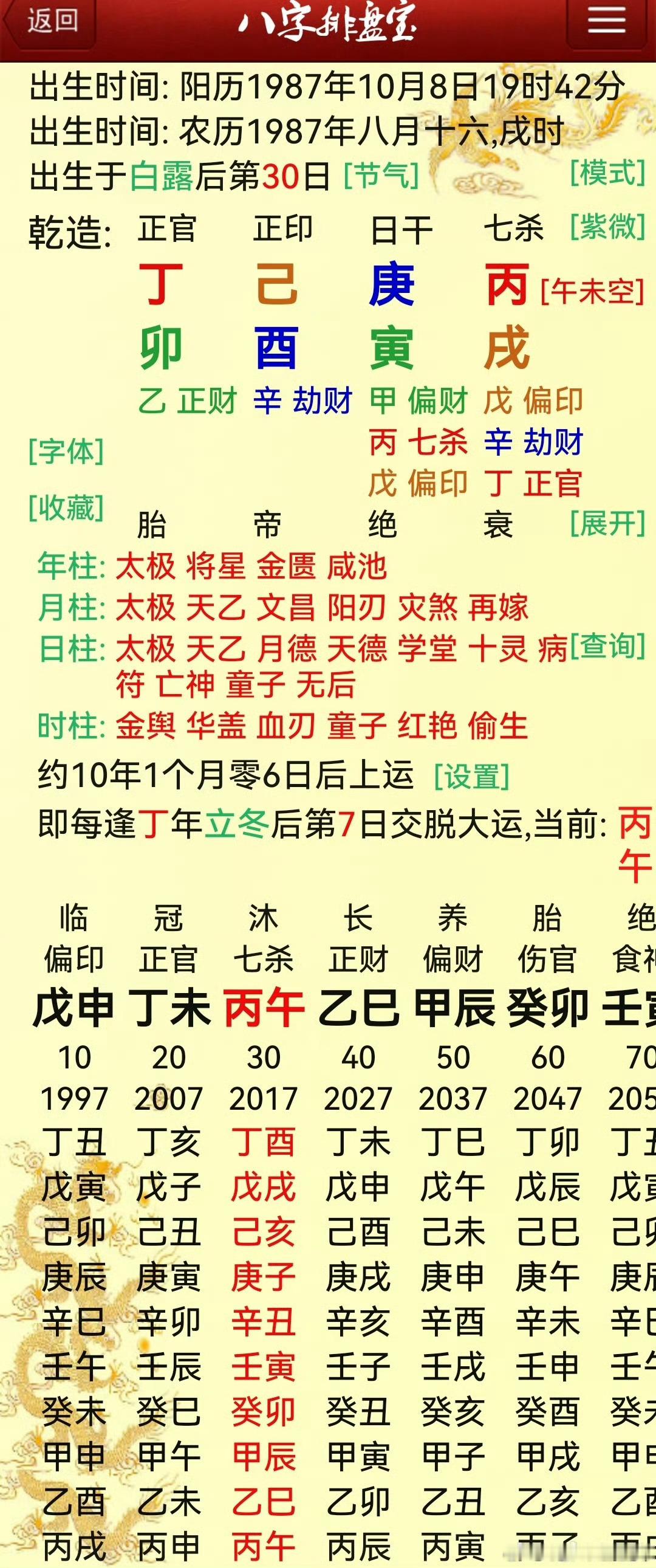 乾造：丁卯己酉庚寅丙戌公历：1987-10-08戌时｜白露后30日｜庚金