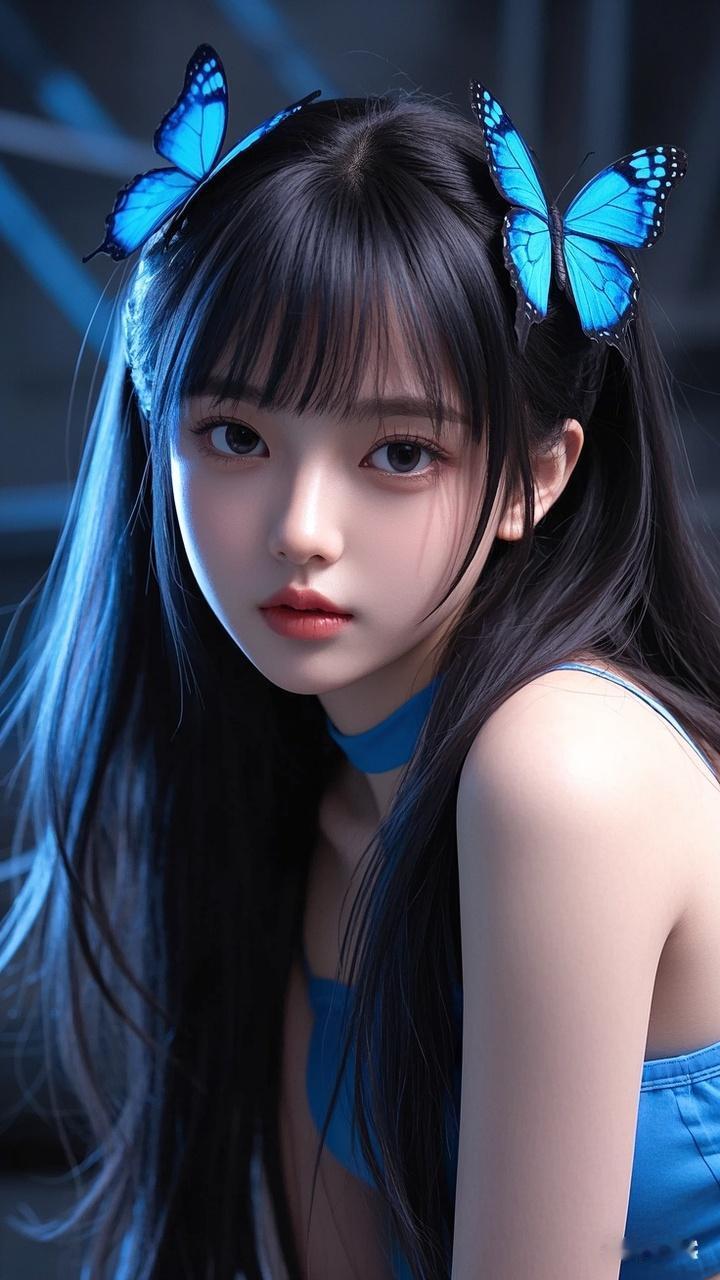 女孩黑色长直发，双马尾垂至肩膀，发尾缀蓝色蝴蝶装饰，冷白皮光滑细腻，超高清建模，