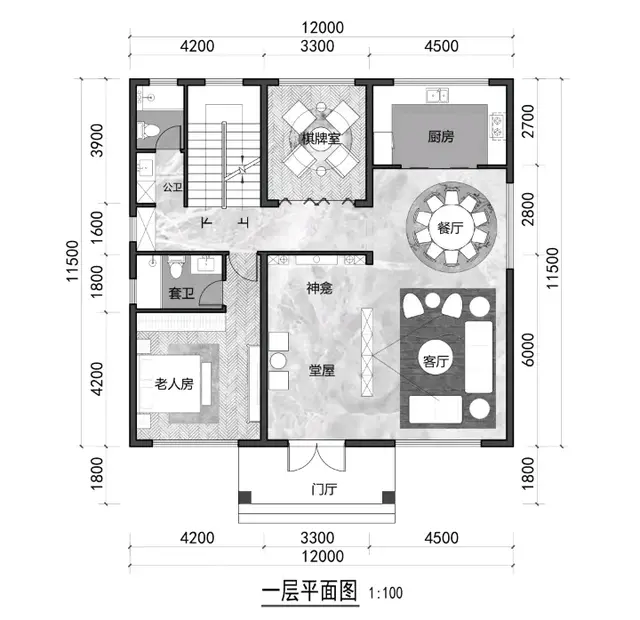 12米×11.5米二层别墅农村自建房设计户型图