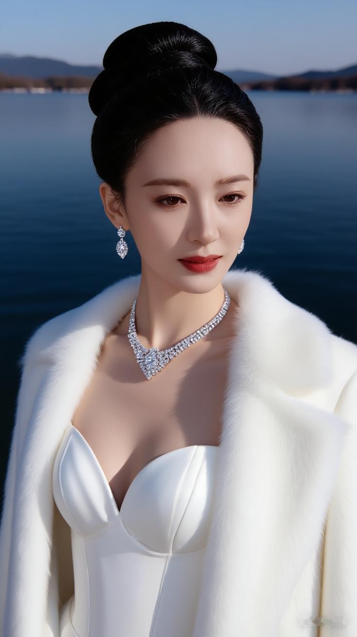 优雅黑发美人，湖畔白裙闪耀，珠宝闪耀，美不胜收！黑发红唇女神湖边白裙美人