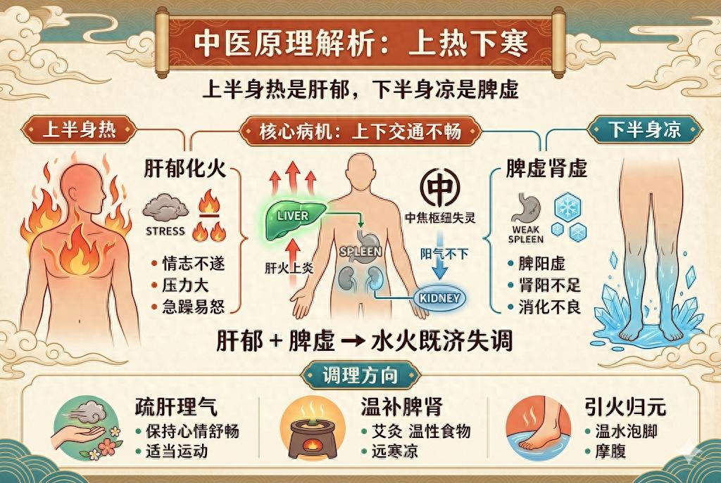 上半身热是肝郁，下半身凉是脾虚！一招打通中焦，终结上热下寒内容仅供参考，如有不