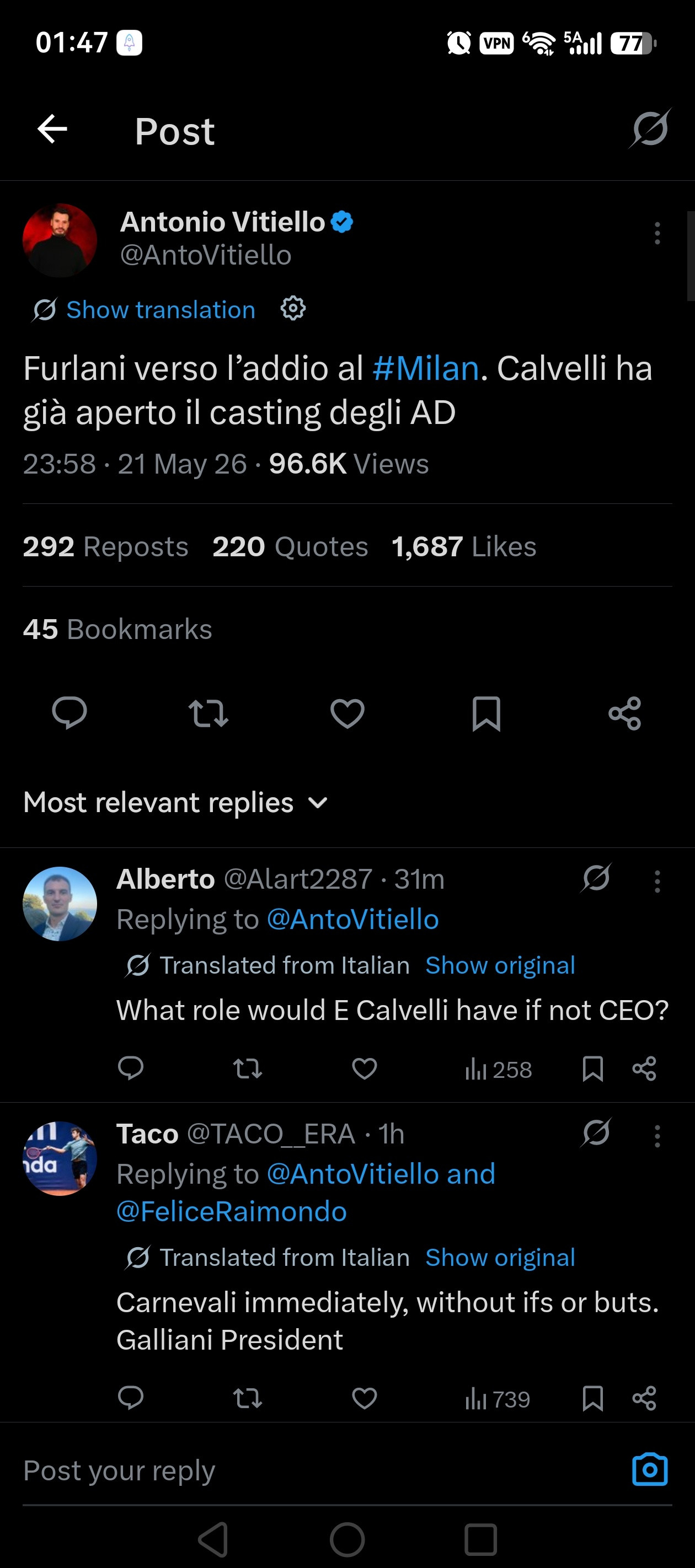 维蒂耶洛：福拉尼接近告别AC米兰，卡维利已经开始物色新的CEO人选。意甲联赛
