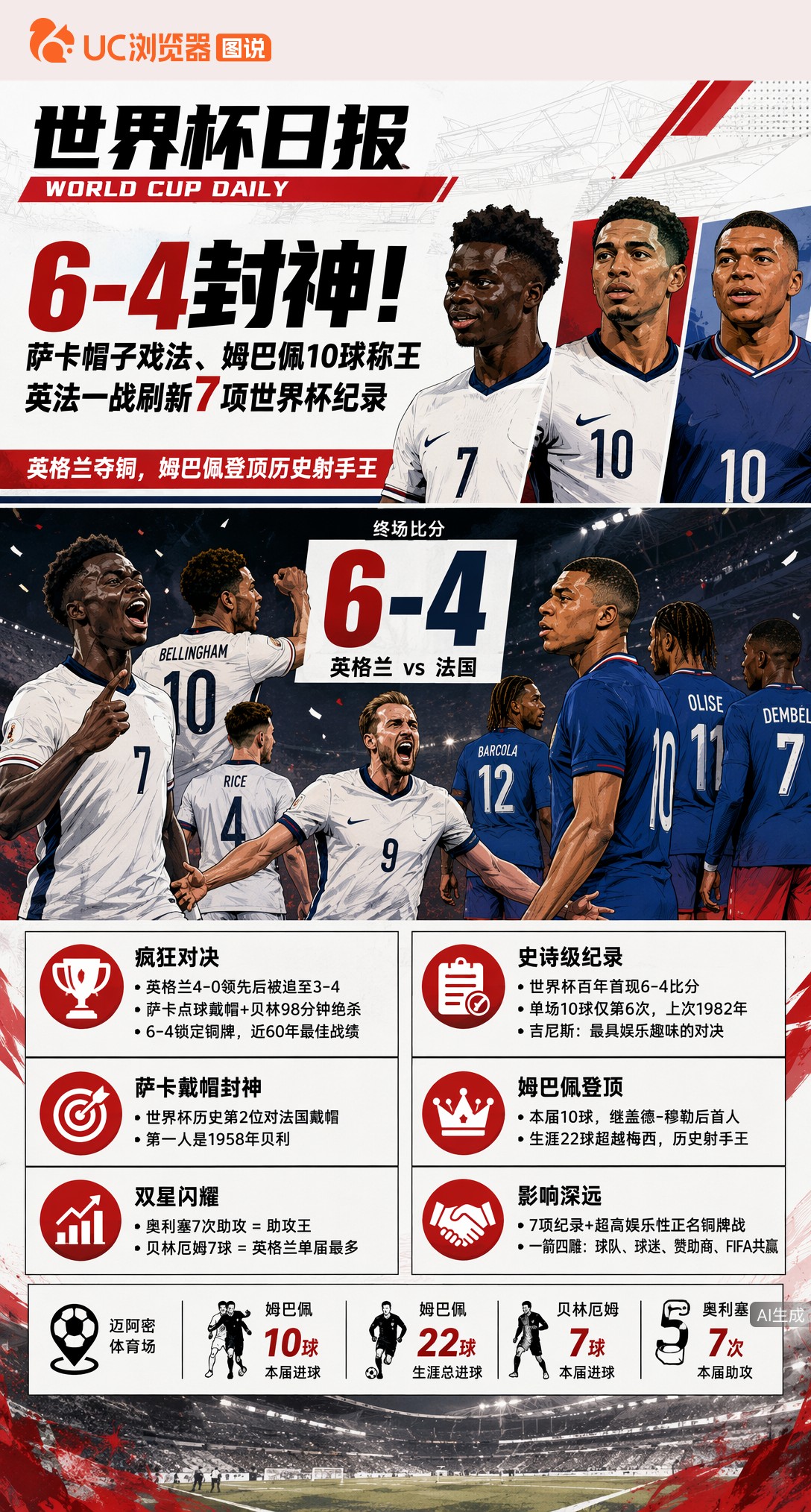 6-4封神！萨卡帽子戏法、姆巴佩10球称王，英法一战刷新7项世界杯纪录