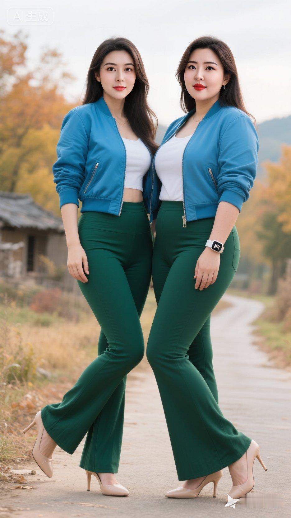 冬日生活打卡季姐妹穿搭指南👭：蓝白撞色+绿裤，秋季时尚出街！