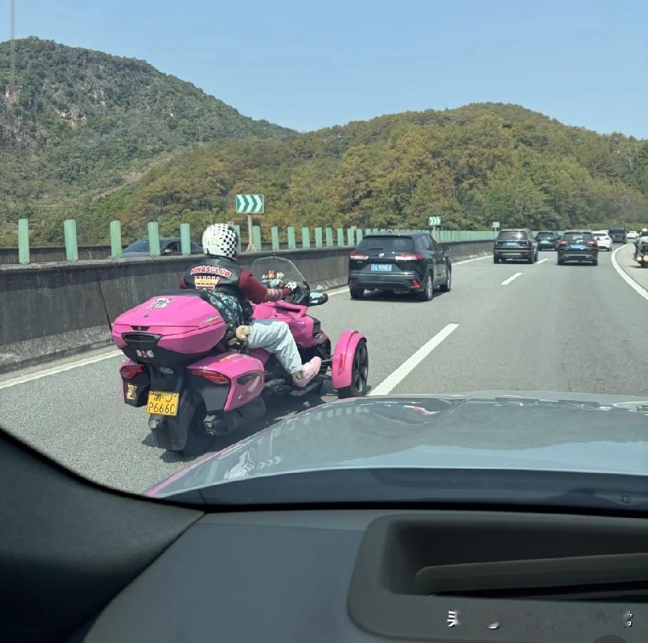 高速上卡丁车帅爆了。高速偶遇“粉色猛兽”，这不是卡丁车，是倒三轮摩托！