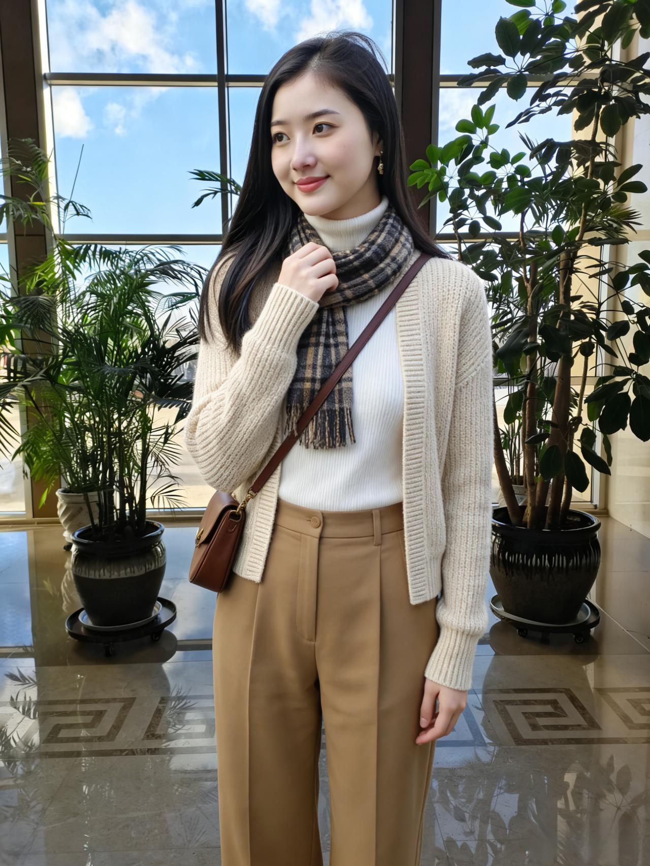 晓日开轩牖，佳人立画堂。衣裁云作缕，鬓惹露为霜。浅笑眉痕浅，微颦意绪长。阶