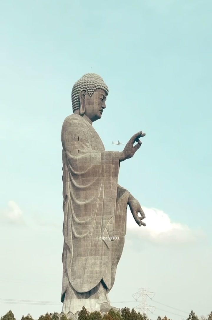 一架飞机从镜头前飞过，正好卡在背景里两栋楼的缝隙中间，像被精准地塞进一个画框。有
