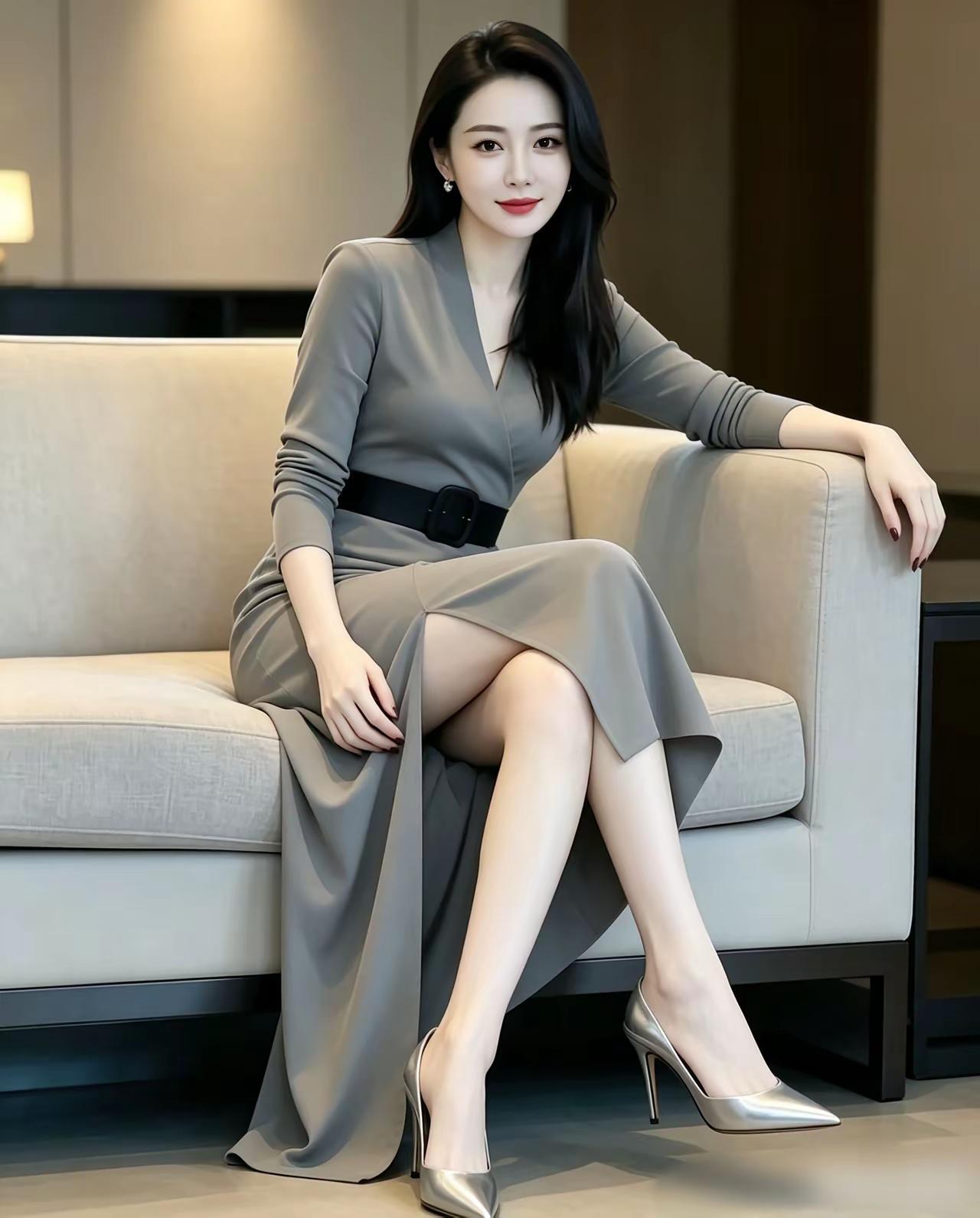 美女坐在沙发上，穿着优雅的灰色长裙和银色高跟鞋，气质优雅。