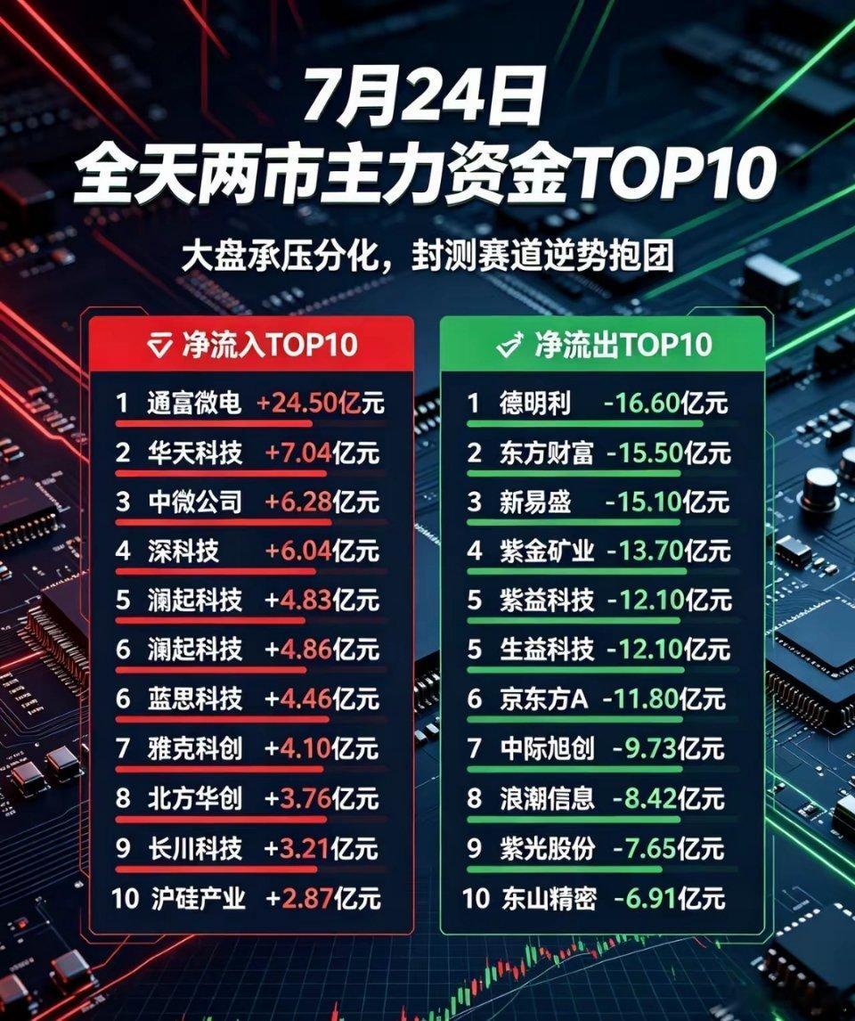 全天两市主力资金TOP10（单位：亿元）🔴净流入TOP10（金额红色）1.通