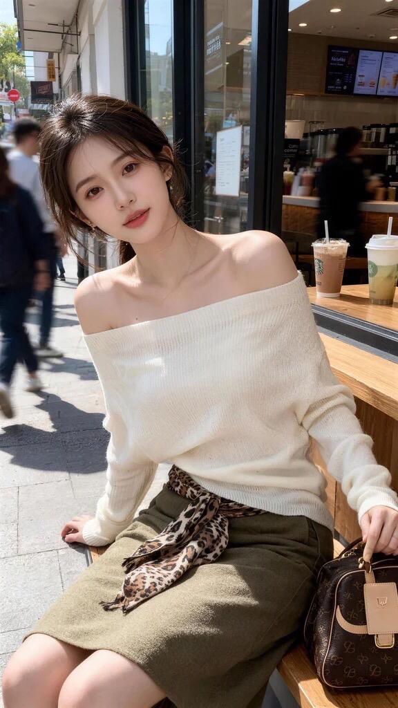 韩风穿搭韩系穿搭温柔穿搭露肩上衣咖啡馆的日常