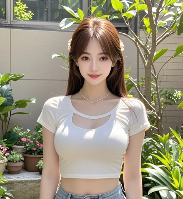 美女与花园相映成趣，一幅动人的画卷