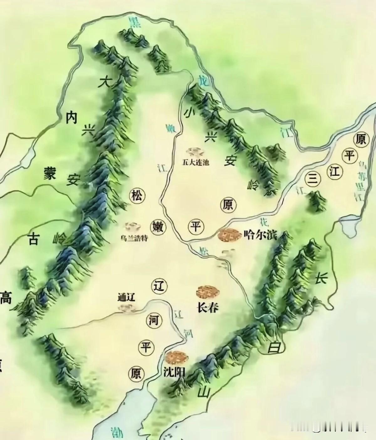 从这张图来看，东北的地形真好啊！不是一般的好！确实是龙兴之地，在古代，这地势好