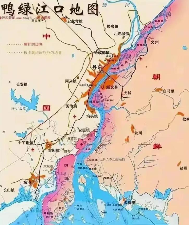 随着泥沙的冲积，原属于朝鲜的绸缎岛已经和中国陆地接壤了鸭绿江口的地图，越看