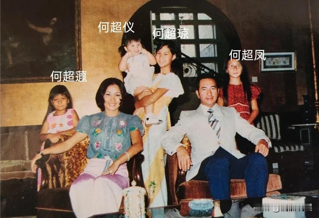 这是赌王二房当年的一张全家福，最小的儿子何猷龙还没出生。赌王和二太蓝琼缨坐在正