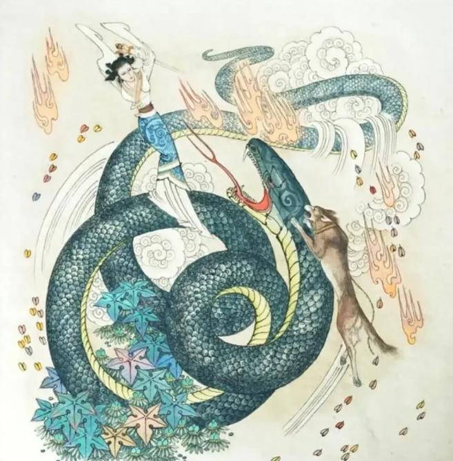 元朝时期，一位猎人在山上打猎，把野猪赶到山洞里。在山洞里发现一条大蛇缠住了一个漂