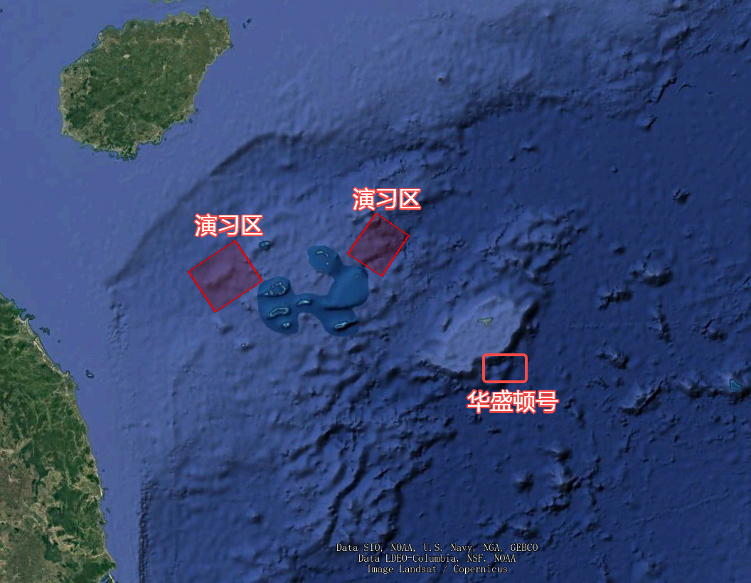 中沙群岛附近的华盛顿号航母，距离我方演习区域最近大约190公里左右。