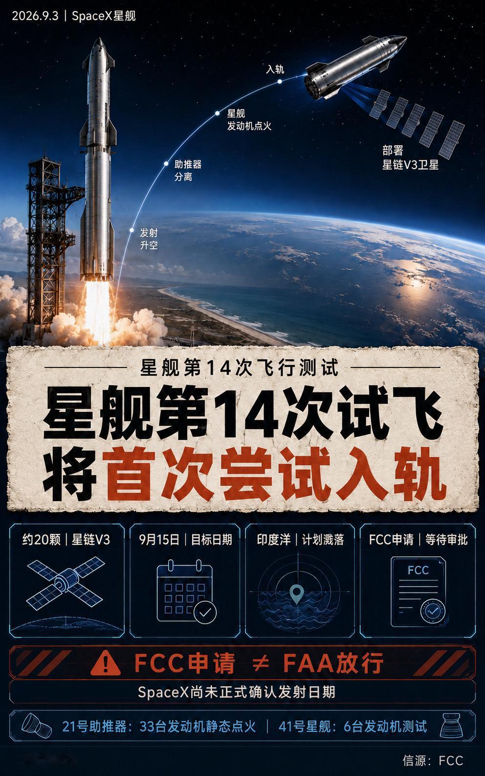 星舰飞了13次，还没有真正入轨。SpaceX最新向FCC申请通信许可，第14