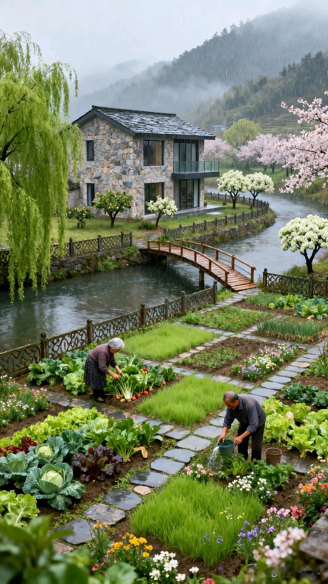 田园风光，岁月静好，老夫妻在菜园里辛勤劳作，享受生活的美好。农民老老年生活浇菜