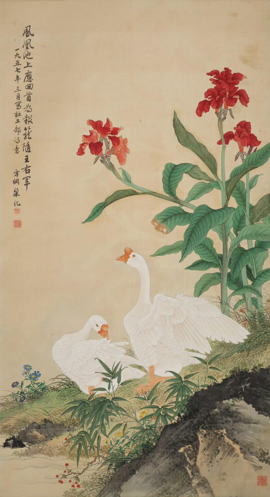 梁纪的作品《凤凰池上应回首，为报笼随王右军》深得宋元古典工笔之精髓，线条流畅富有