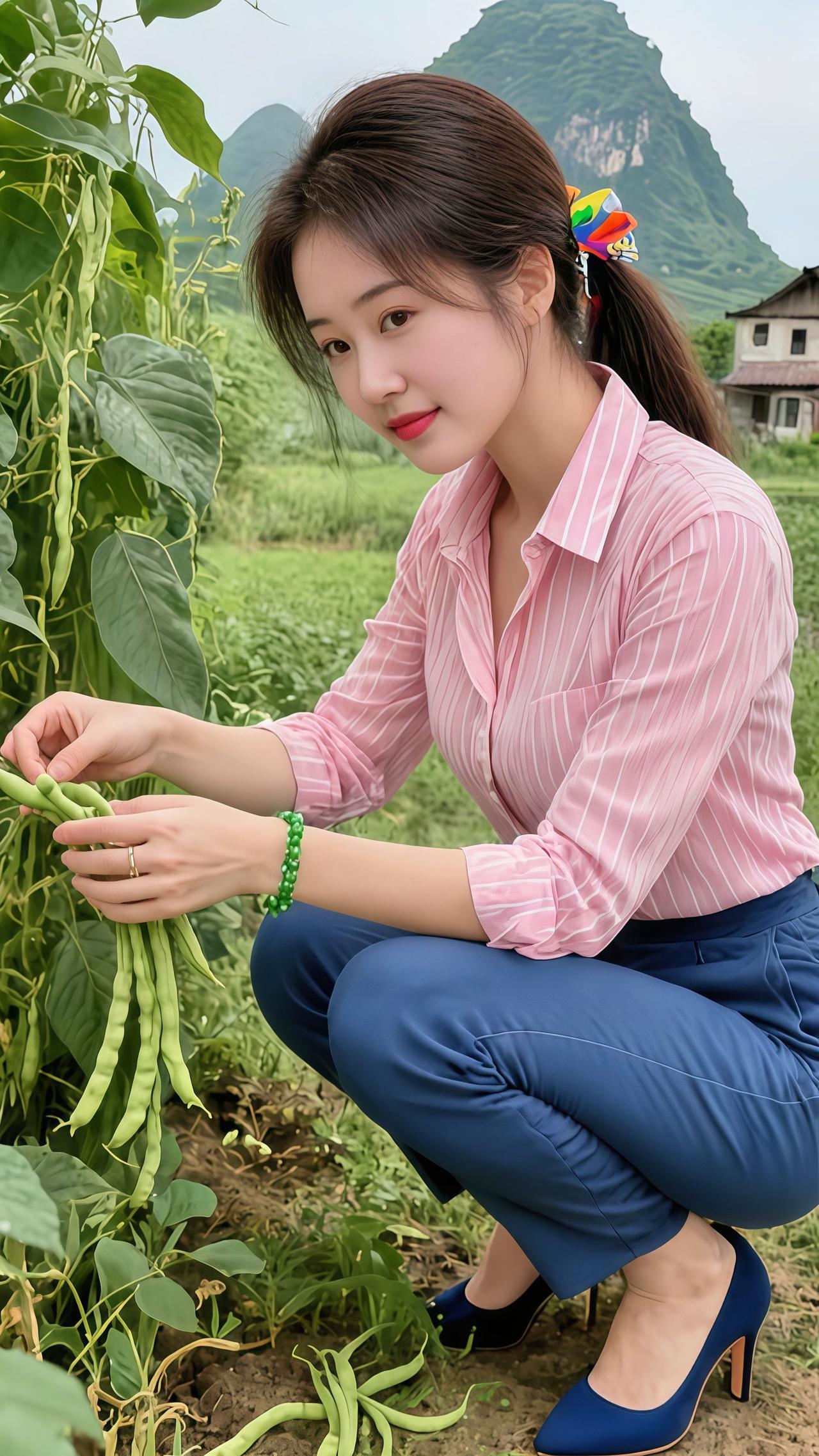 我的农村生活甜美女孩农村田园风光摘豆角