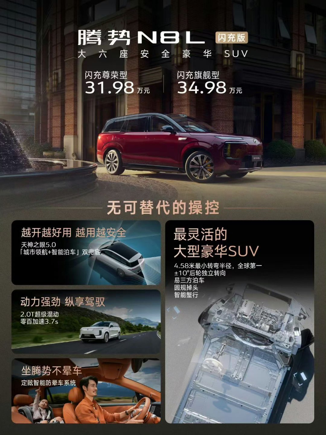 腾势N8L闪充版搭载易三方系统，后轮独立转向，超级灵活。开大车如同开小小mini