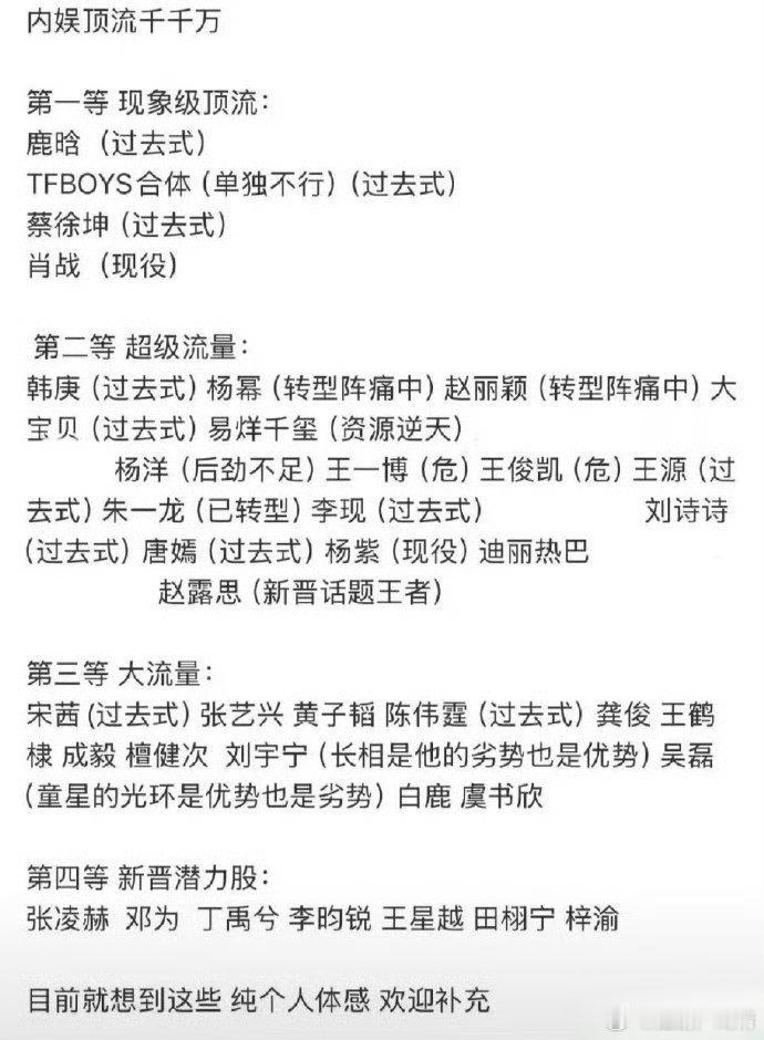 现象级就一个，那几个别往脸上贴金了，过气的真多呀