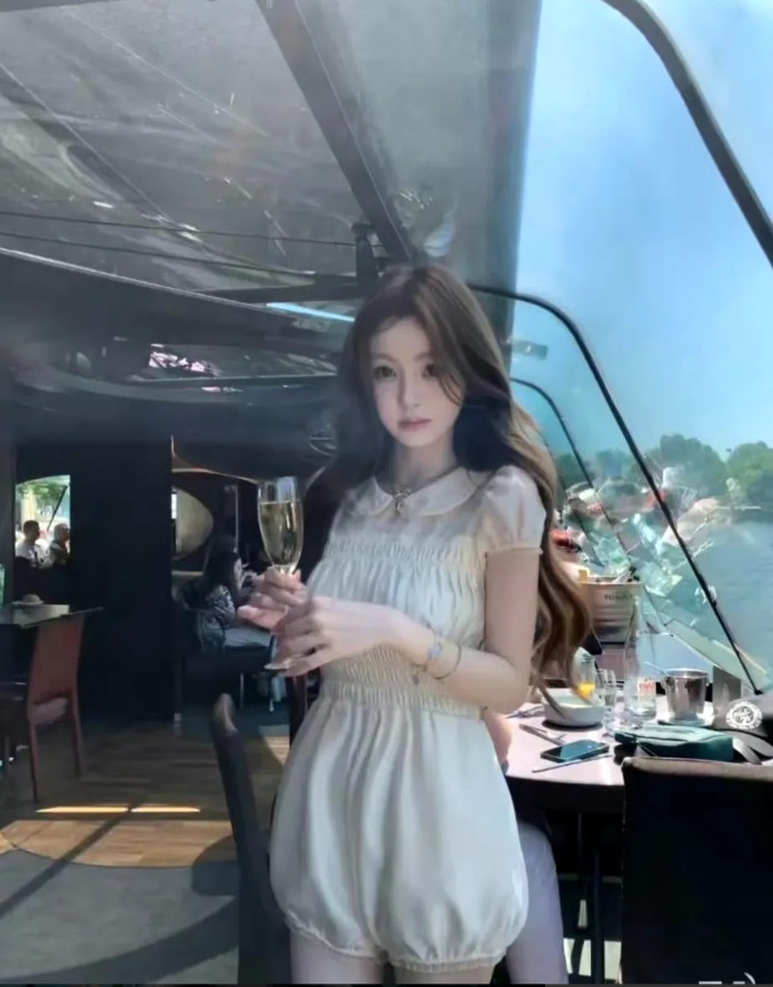 王思聪的女友懒懒在水上餐厅用餐，她皮肤真白，是白得“发光”的那种，22岁的年龄，