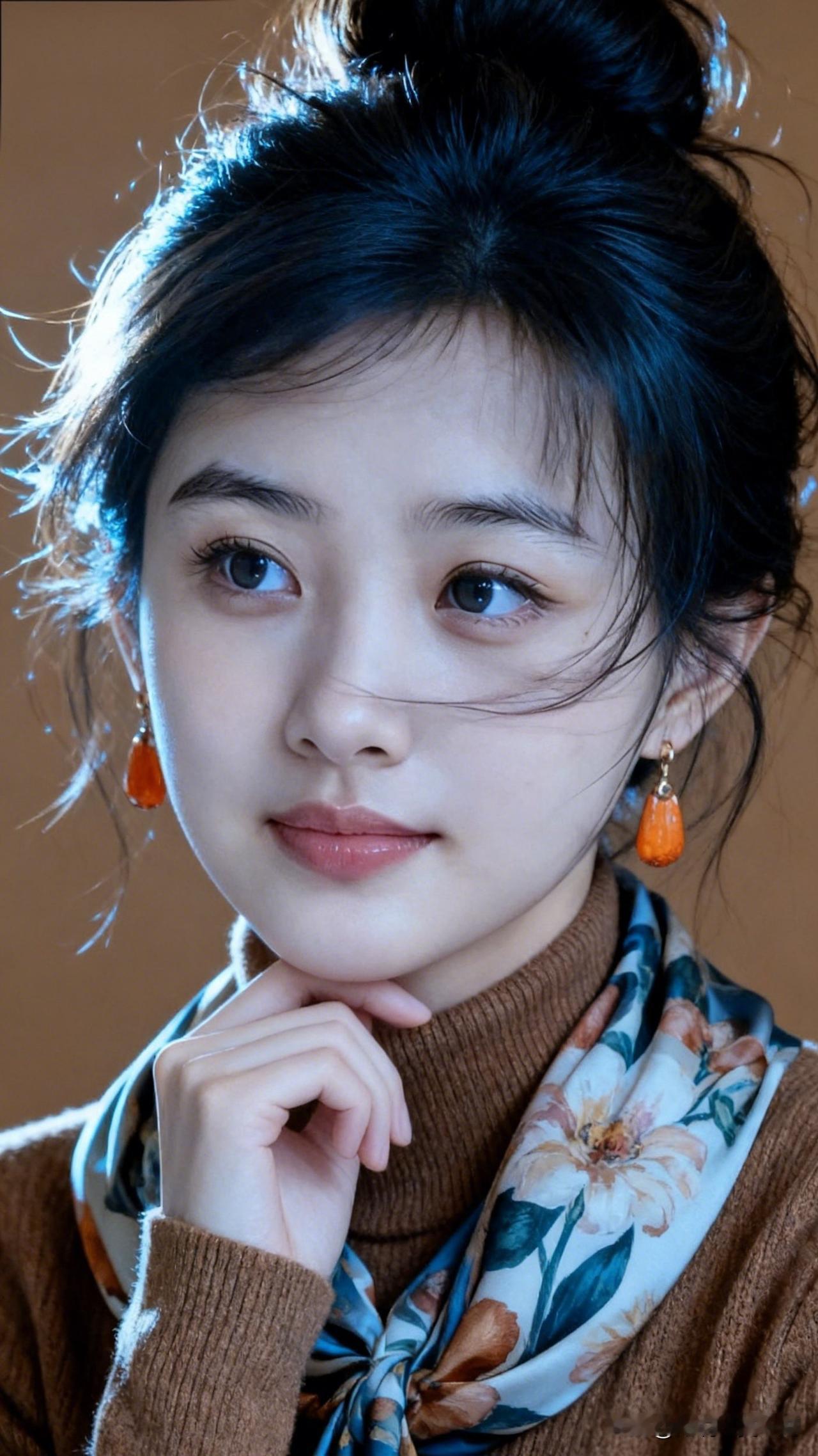 温柔少女风，暖色调穿搭，复古耳环点缀，自然妆容，清新自然。