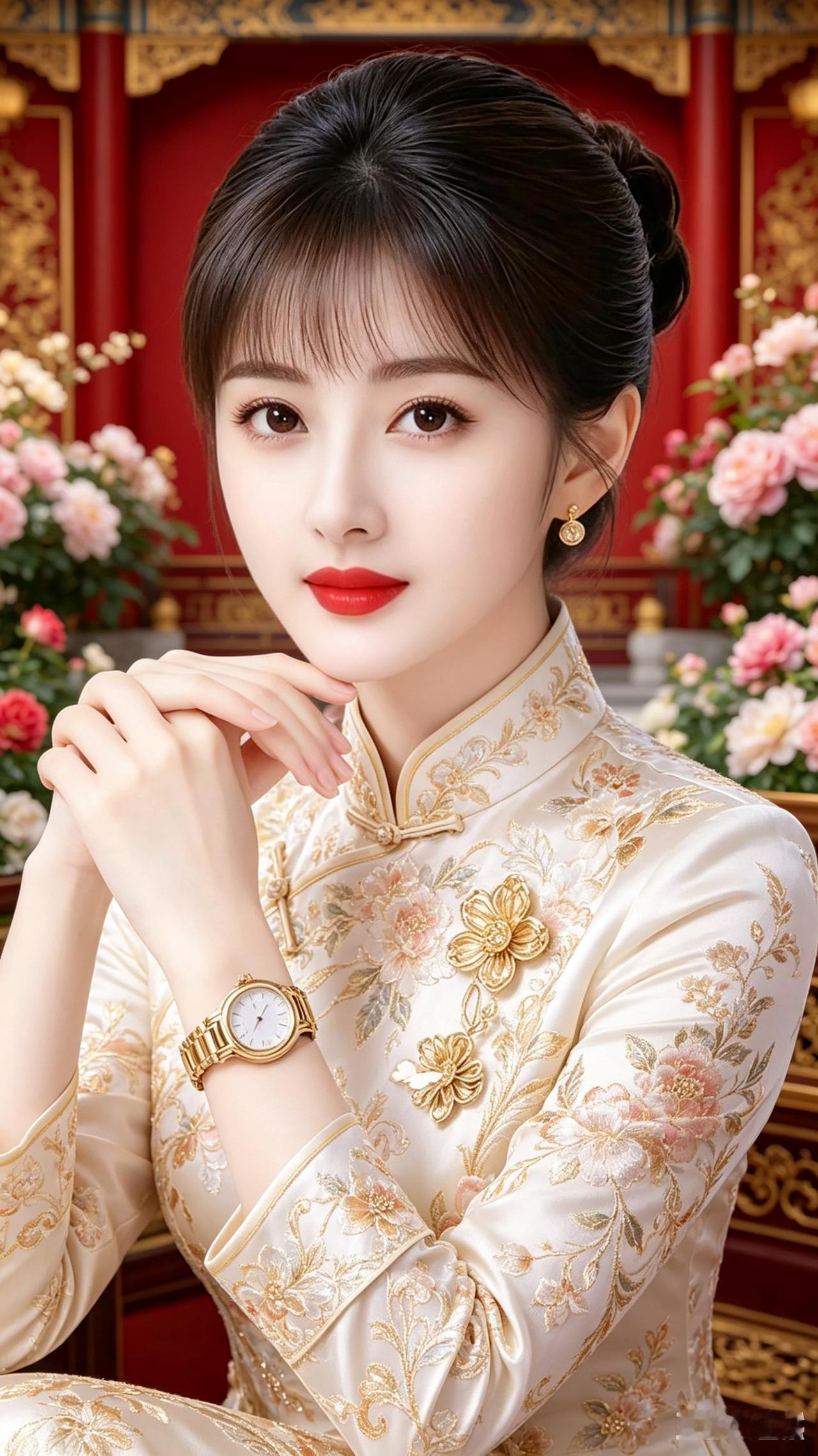 这位佳人真惊艳旗袍加身姿态妍双眸流转似电闪朱唇轻启甜意绵红墙映衬人更妍