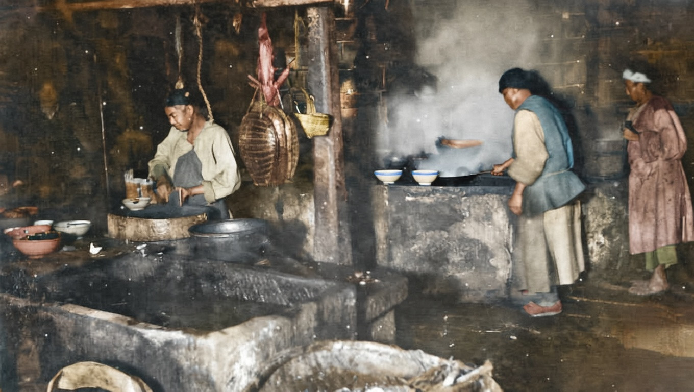 晚清，这是一间客栈的厨房，空间狭小、光线昏暗，墙壁和灶台被烟火熏得黝黑，充满了生