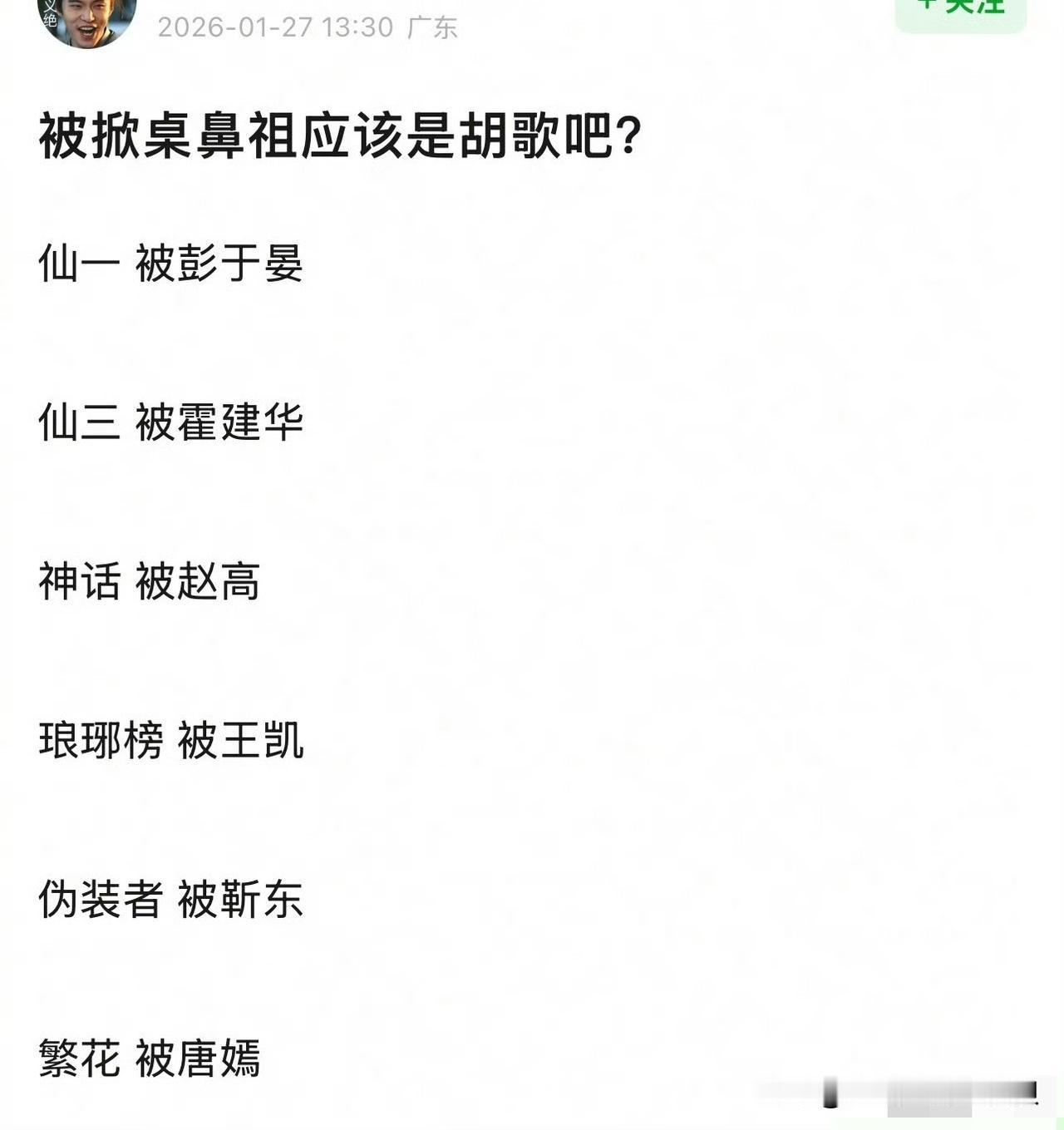 豆瓣这个博主有点搞笑了！竟然说胡歌才是被掀桌的鼻祖？还说他每部剧都被掀桌了。