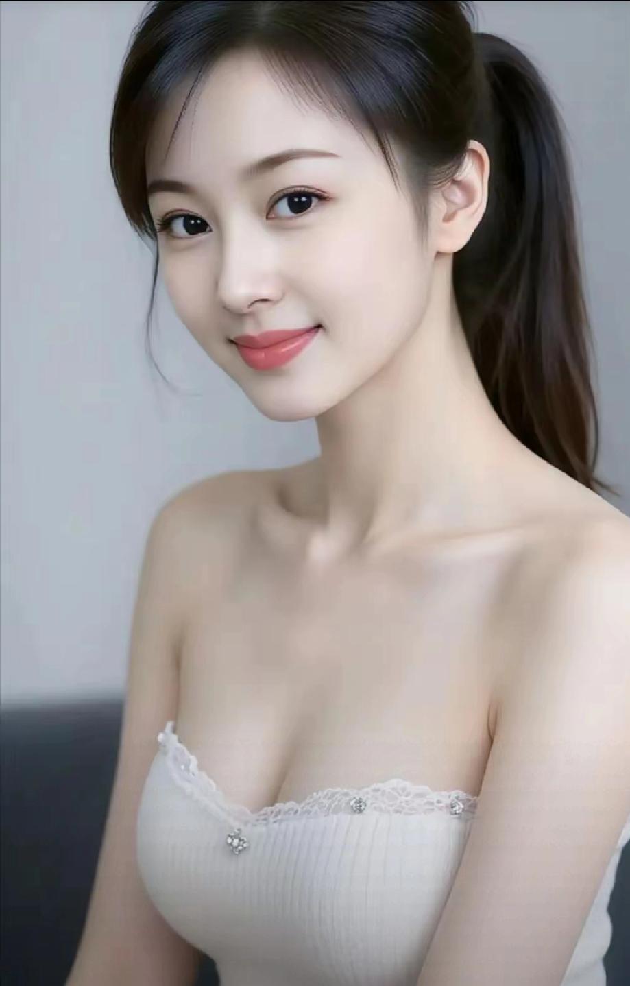 这姑娘穿着蕾丝吊带裙，温柔甜美。