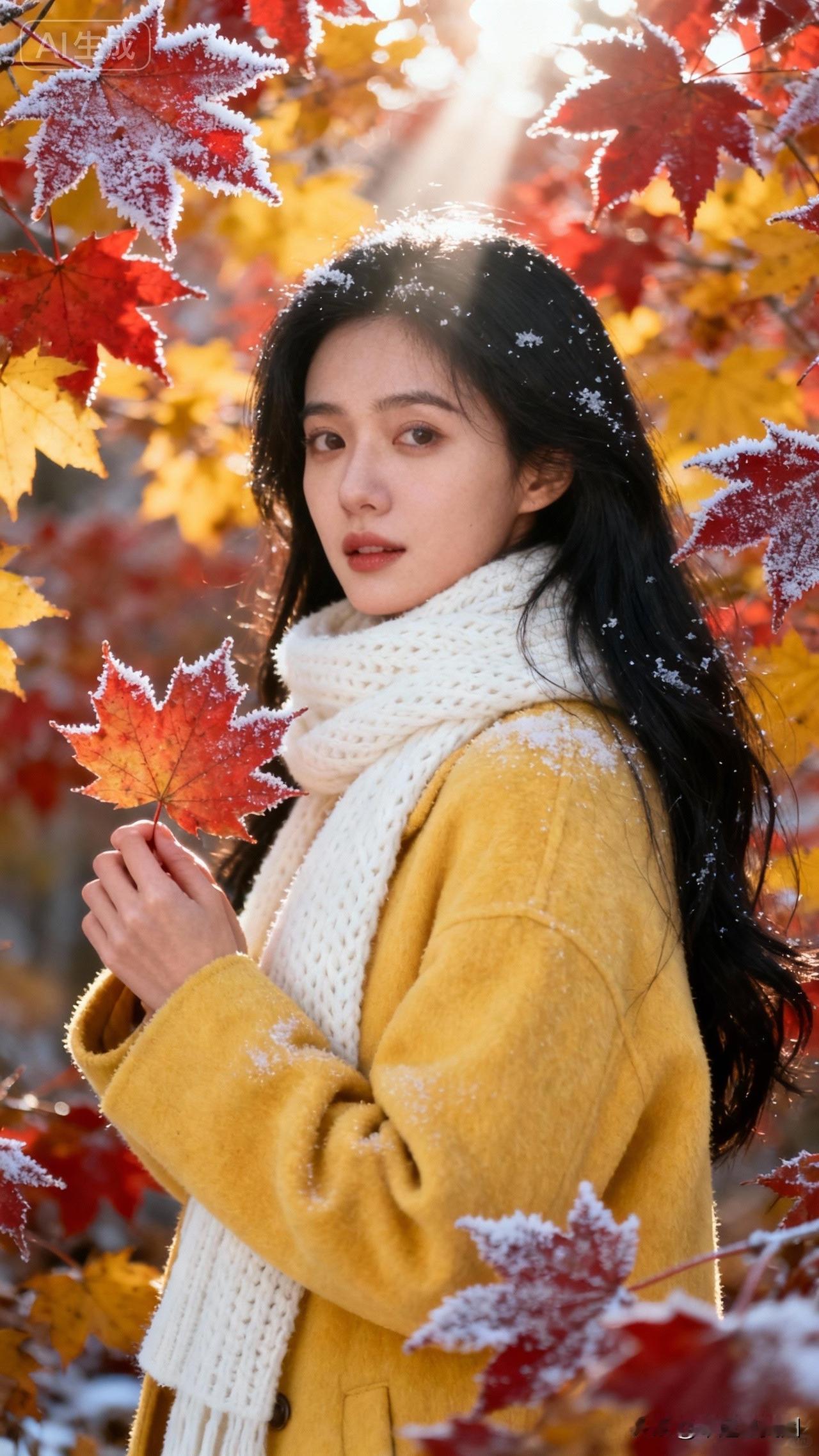 秋天穿黄色外套的女孩在落叶中。