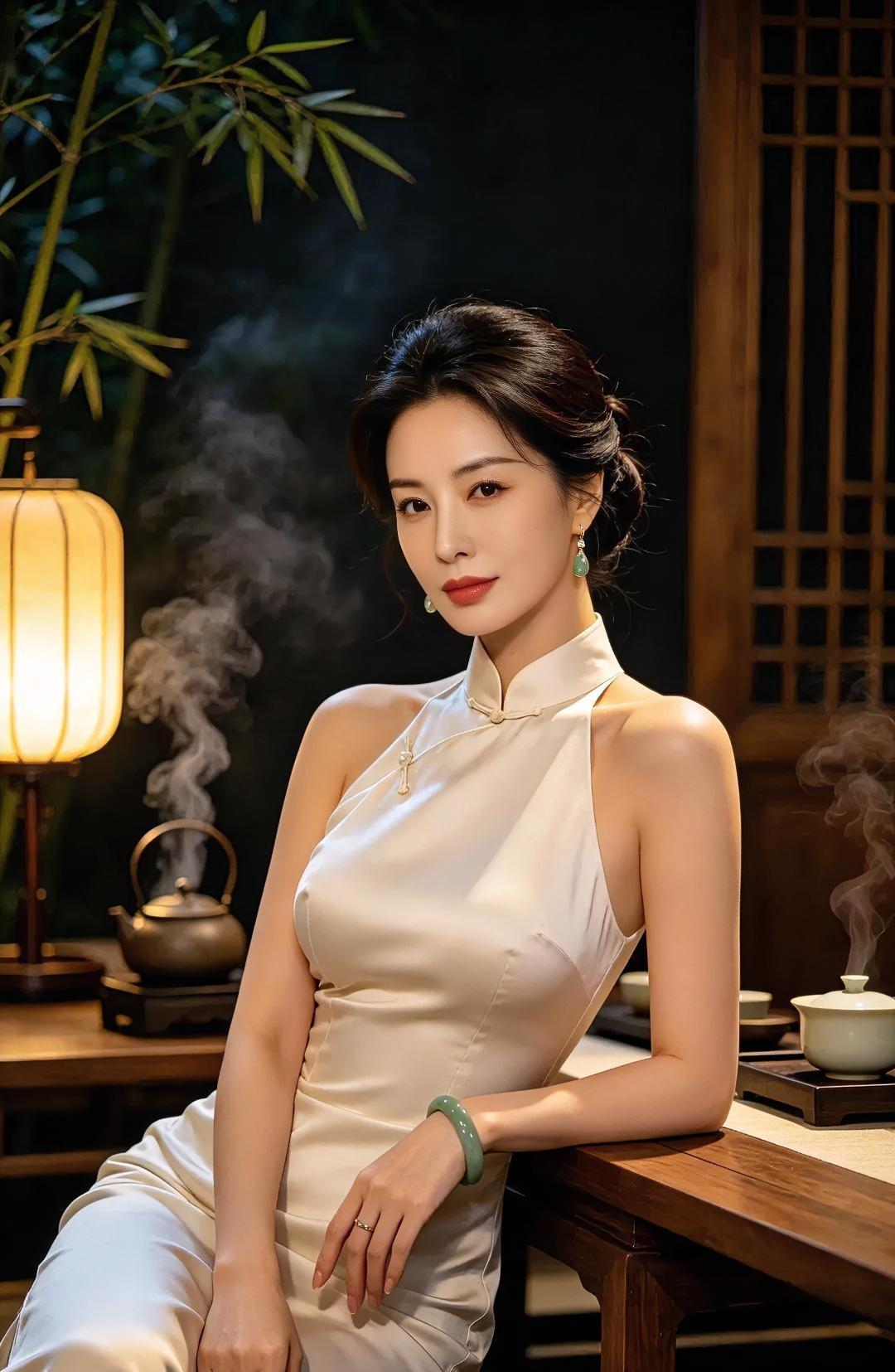 《灯下茶烟》暖灯晕开夜的幽深，白旗袍裹着温润的月痕。玉镯轻扣腕间，