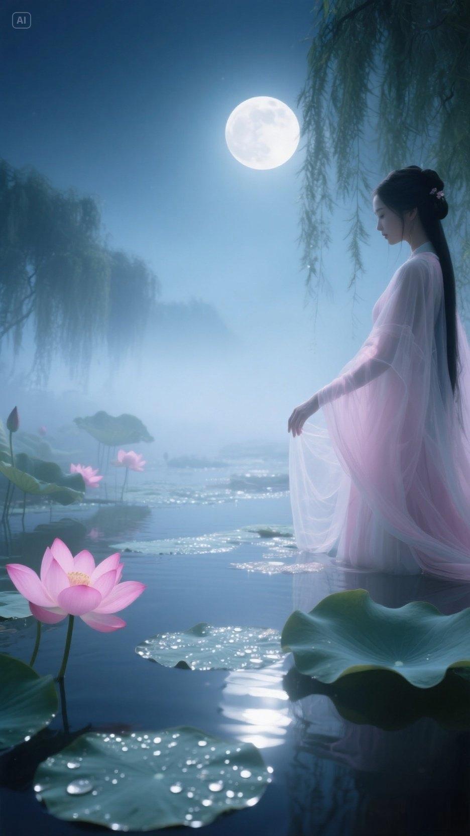 上联：烟浮柳岸一帘梦，下联：雾沉庭院三更月，下联：风摇竹影满窗诗。