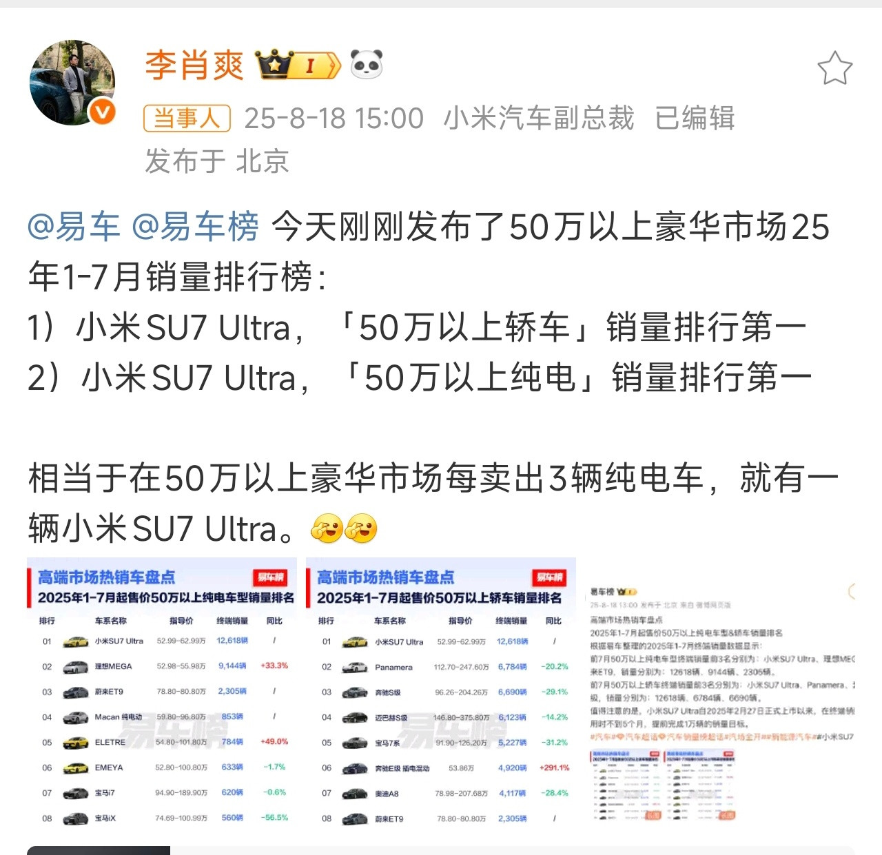 以小米SU7Ultra的产品力，这个销量本就不意外，SU7Ultra是小米汽
