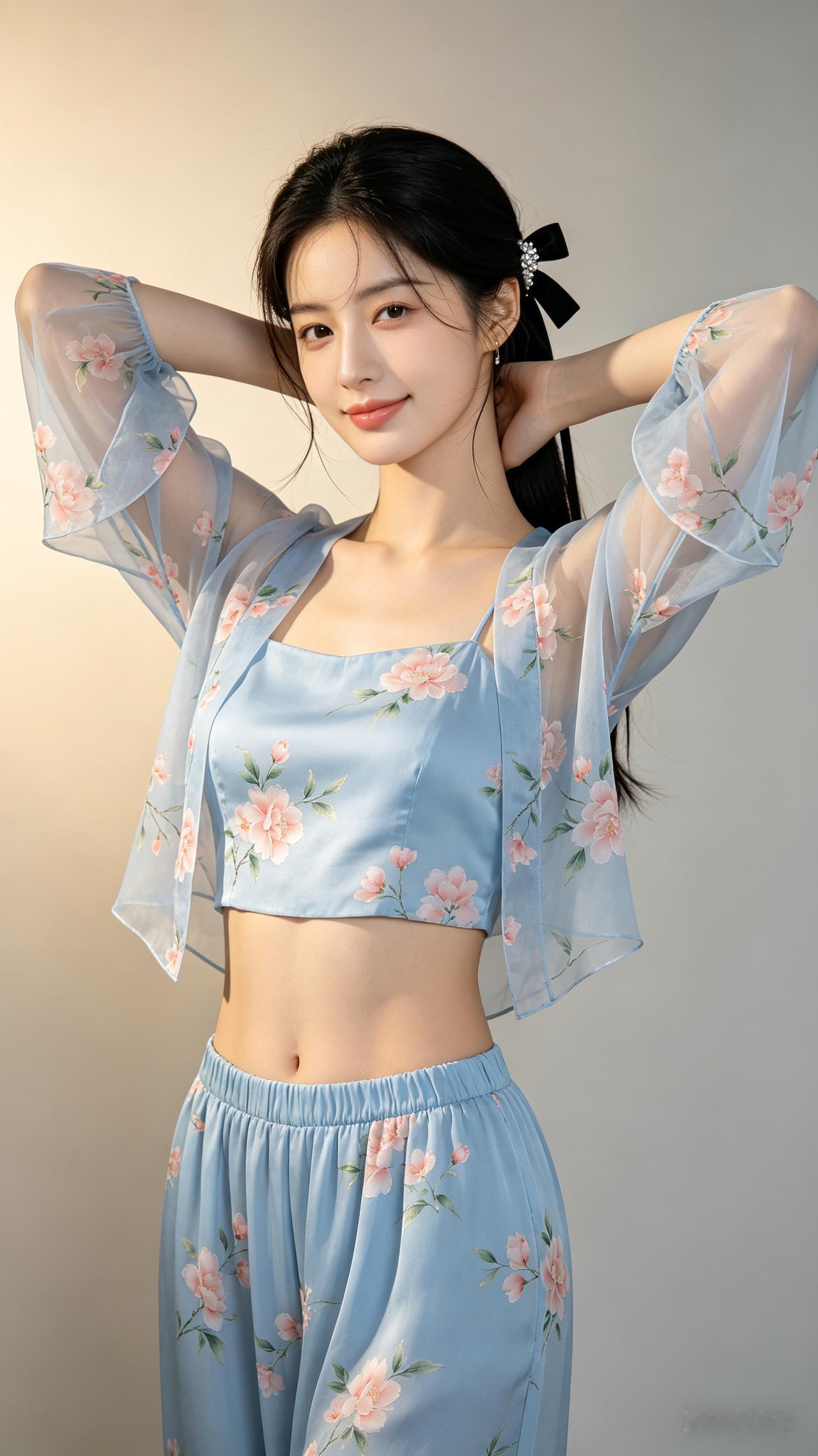 鹅蛋脸温婉女子低马尾缀钻饰黑丝带，侧身抬手舒展身姿，天蓝国风印花露脐雪纺家居服飘