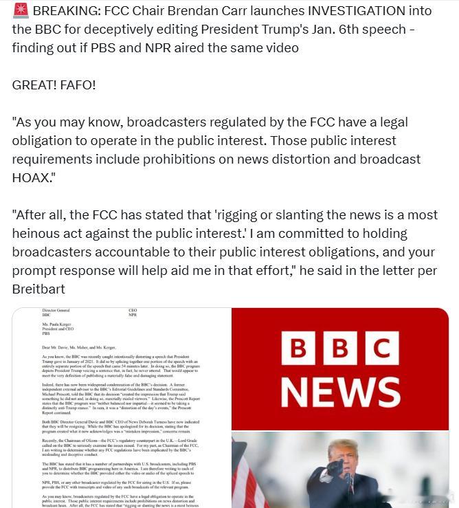 美国联邦通信委员会主席布伦丹·卡尔对BBC展开调查，原因是其被指对特朗普总统1月